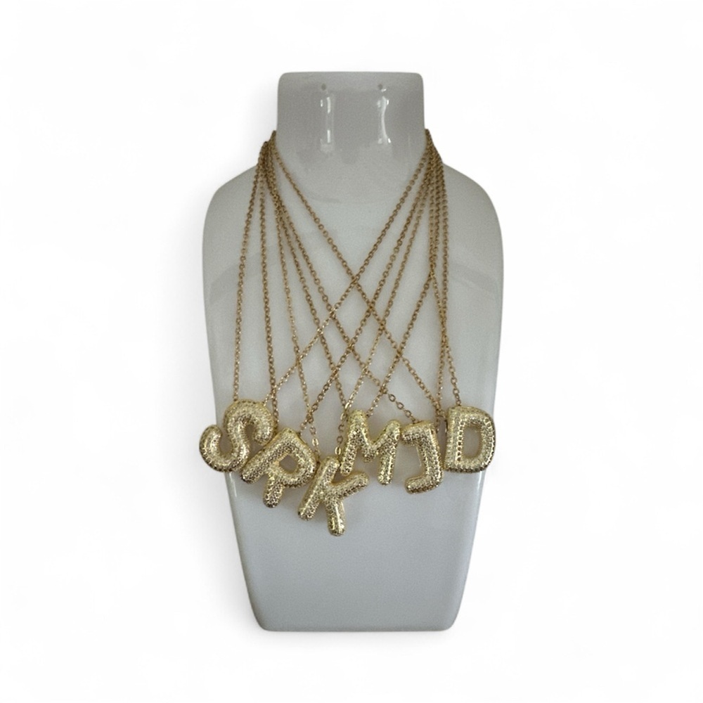 New! Gold and Crystals Initial Bubble Letters Pendant Necklace